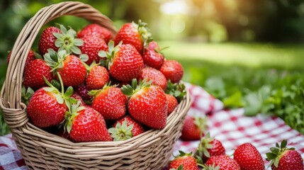 Fresh Strawberries in Basket  Picnic  Summer  Outdoors  Nature
