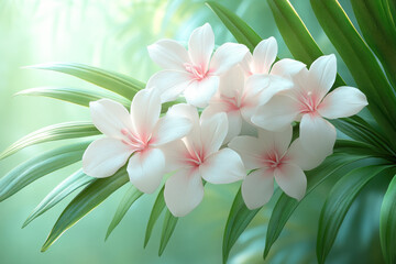 Fototapeta premium A serene cluster of delicate white flowers with pink accents, nestled among lush green leaves, creating a tranquil, nature-inspired scene.