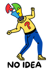 A colorful puzzle-lamp-headed figure with a question mark on its shirt, symbolizing confusion or lack of ideas, perfect for creative or problem-solving concepts.Transparent background for easy editing