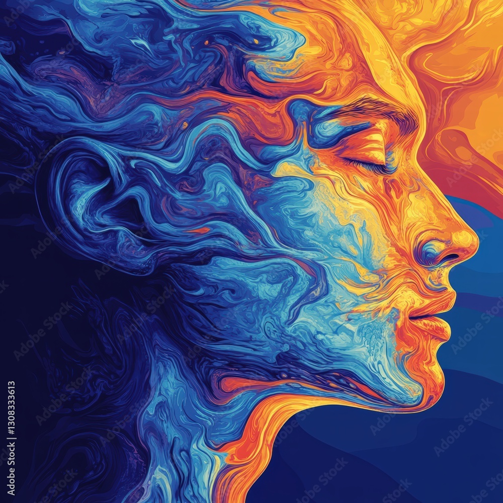 Poster artistic portrait of a woman's face adorned with colorful swirl pattern creating unique visuals