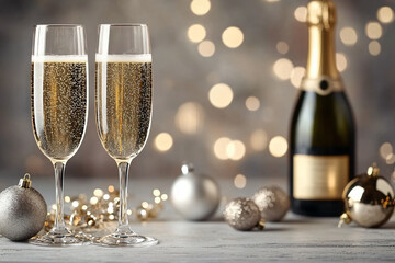 Elegant champagne flutes filled with bubbly, perfect for celebrations like New Year's and Christmas gatherings, evoking luxury and intimacy.