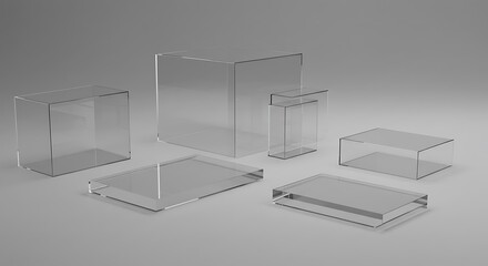 Fototapeta premium Glass boxes for exhibition. Transparent podium, pedestals, bases for goods. Empty glass space templates. 3d render illustration.