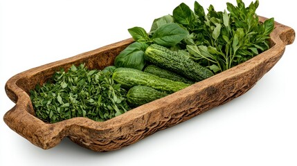 Fresh Produce Medley A Captivating Still Life of Basil, Mint, Cucumbers, and Herbs Arranged in a Rustic Wooden Bowl The medley is ideal as healthy eating lifestyle for those who are health conscious