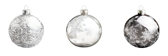 Set of three transparent glass Christmas tree ornaments with a silver pattern, isolated on a white background.