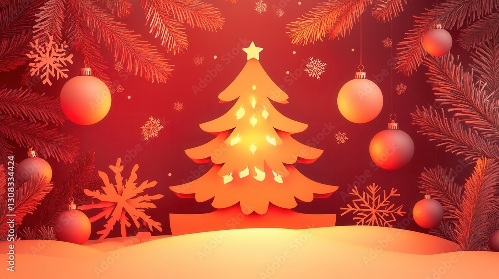 Aufkleber Festive paper cutout of a glowing Christmas tree with ornaments and snowflakes for a warm holiday atmosphere Generative AI