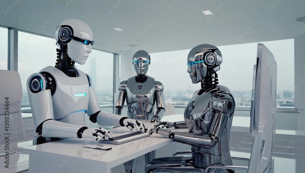 Poster digital workforce meeting: a futuristic scene unfolds as a trio of advanced robots engage in a meeti