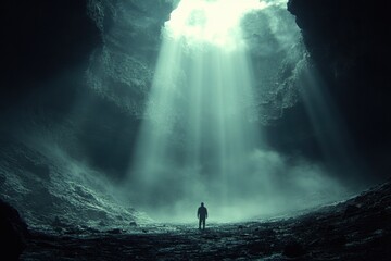 Obraz premium A solitary figure stands in a cavern, illuminated by dramatic beams of light breaking through the darkness above.