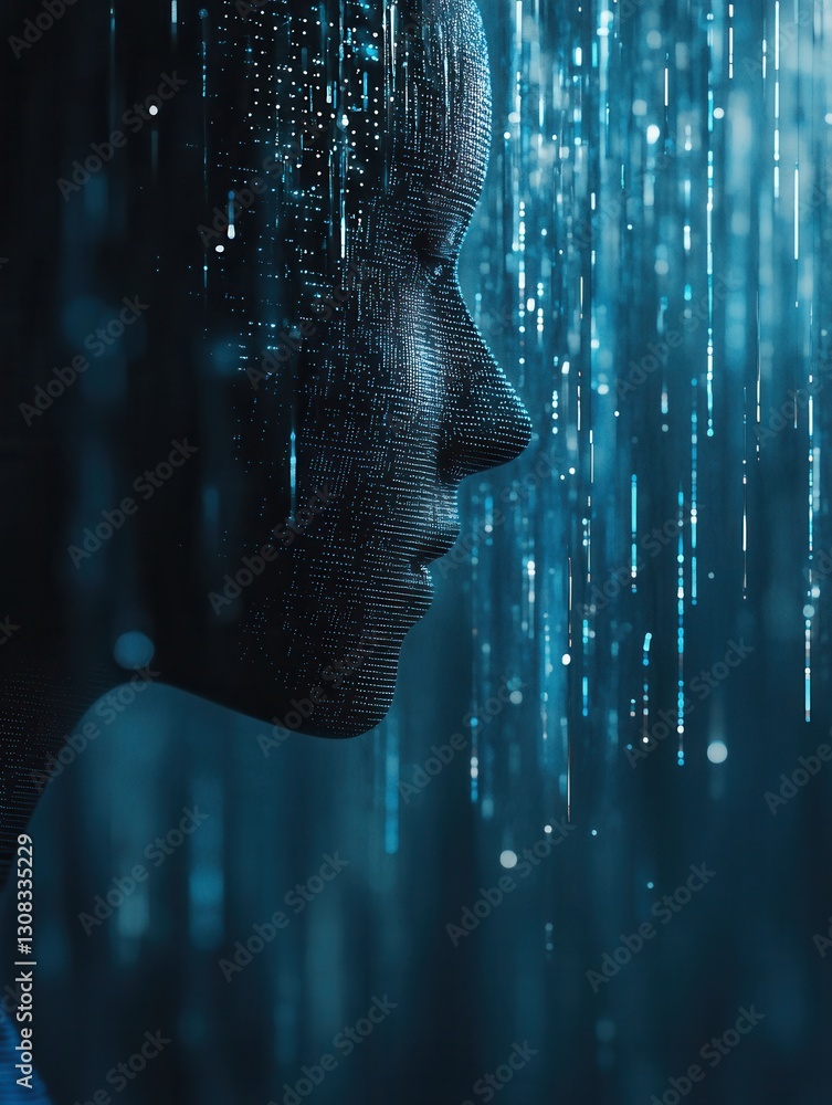 Poster futuristic digital particles forming human silhouette in dark blue and silver tones for ai driven po