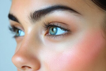Fototapeta premium A close-up of a woman's face highlighting her striking green eyes, well-defined brows, and a natural, soft makeup look.