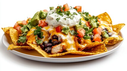 Indulge in a delightful culinary experience with these mouthwatering chicken nachos, a vibrant combination of crispy tortilla chips, savory grilled chicken, melted cheese, fresh avocado, tangy sour