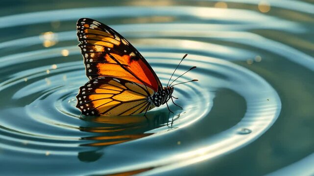  A striking monarch butterfly sipping water from a gentle ripple in a clear pond