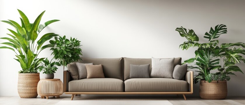Beautiful living room with a couch surrounded by lush plants creating a fresh and inviting atmosphere