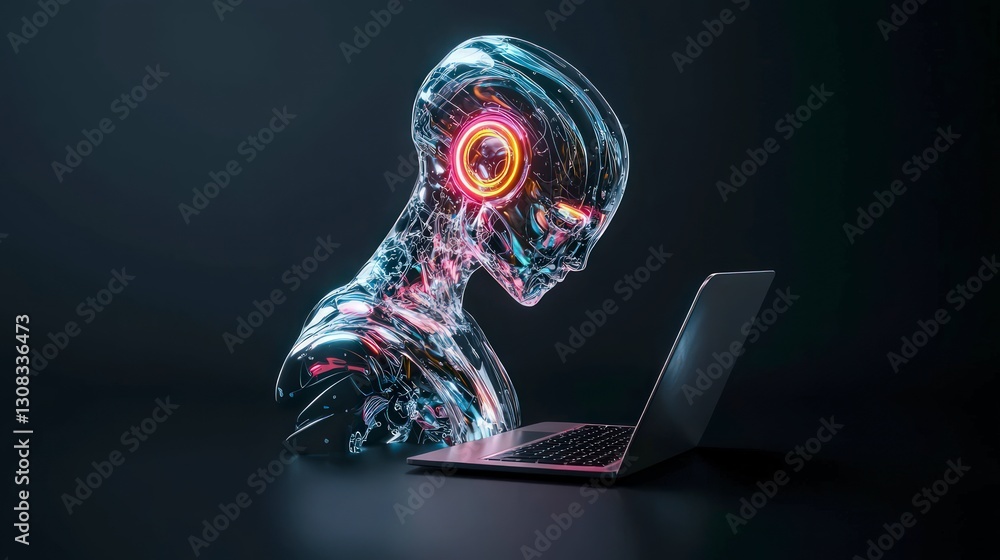 Poster futuristic robot ai using laptop digital technology artificial intelligence