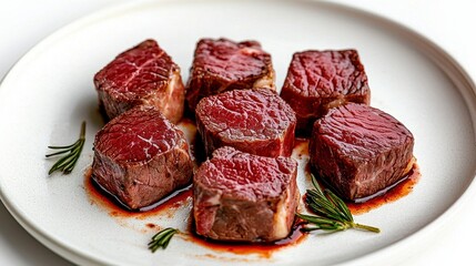 Indulge in culinary perfection with this exquisite image showcasing succulent beef tenderloin medallions, seared to perfection and artfully arranged on a pristine white plate, adorned with fresh