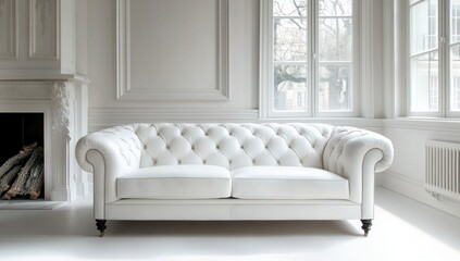Luxurious white Chesterfield sofa in a classic, elegant, and spacious room with large windows, fireplace, and white walls.