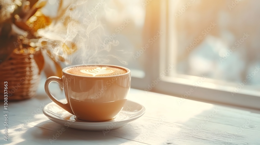 Poster steaming hot cup of coffee resting on a white wooden table bathed in natural sunlight creating a coz