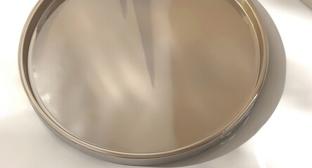 High angle of modern round glossy shiny gold podium table on white counter table in dappled sunlight for luxury organic fashion, beauty, cosmetic, skincare, body care product display background 3D