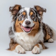 A joyful dog with bright white background emphasizing its bright eyes and playful nature captured in a studio setting