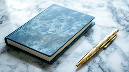 Elegant blue notebook and gold pen resting on a marble surface in a well-lit setting