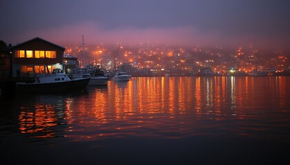 Misty harbor town at dusk