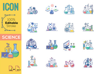 Vector lab flask icon. Two-tone version on black and white background. Chemistry lab icon set. Included icons as Chemical, formula, Medical analysis, Laboratory test flask, experiment and more.