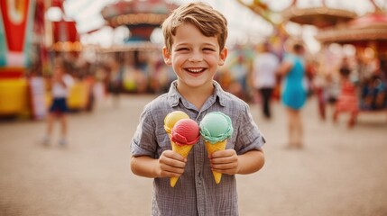 Fototapeta premium A joyful child holding two ice cream cones at a carnival, surrounded by colorful attractions and people enjoying the festive atmosphere.
