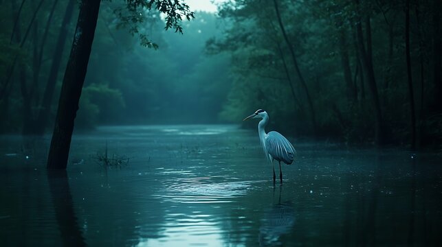 Misty Heron in Flooded Forest