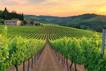 Naklejka premium A picturesque vineyard at sunset, showcasing rows of grapevines stretching across rolling hills with a charming farmhouse in the background.