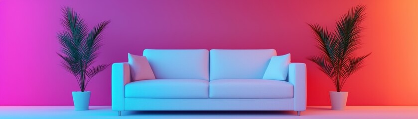 A modern white sofa is centered against a vibrant gradient wall, flanked by green potted plants, creating a stylish and inviting atmosphere.