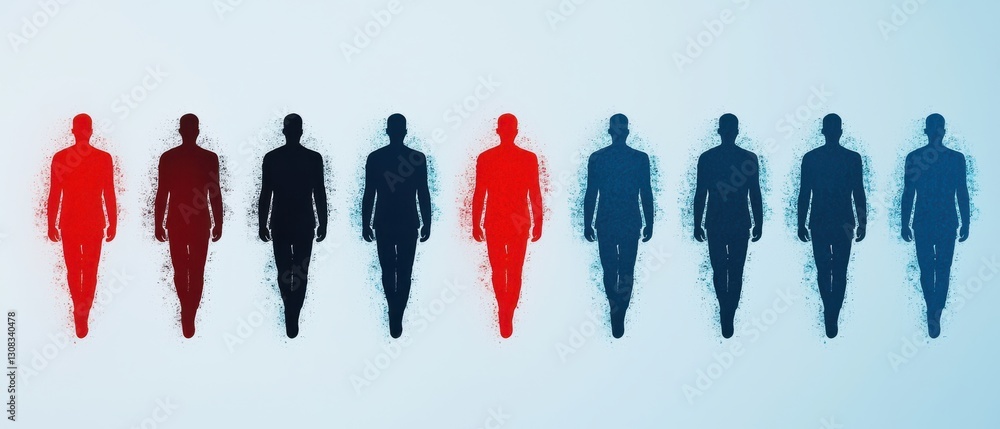 Poster abstract representation of figures in red and blue, symbolizing diversity and connection, lined up i