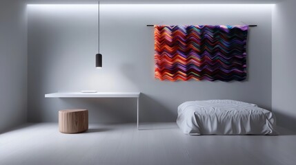 Minimalist Bedroom  White Bed  Desk  Tapestry  Modern Interior Design