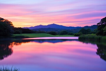 Fototapeta premium A serene sunset reflecting on a calm lake, surrounded by lush greenery and distant mountains, creates a peaceful natural landscape.