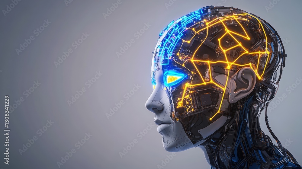 Poster side view of a humanoid robot head with glowing circuitry inside emphasizing advanced technology and