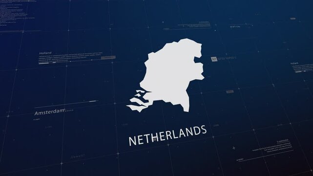 Netherlands country map comes to life with cinematic panning, unveiling key details, the capital, and slogan, providing an engaging background for corporate and commercial use
