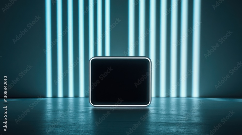 Poster a sleek black cube illuminated by glowing blue vertical lines in a dark space, creating a modern and