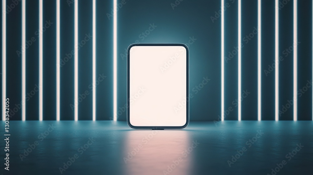 Aufkleber a glowing rectangular screen stands in a dark space, framed by vertical light beams, creating a mode