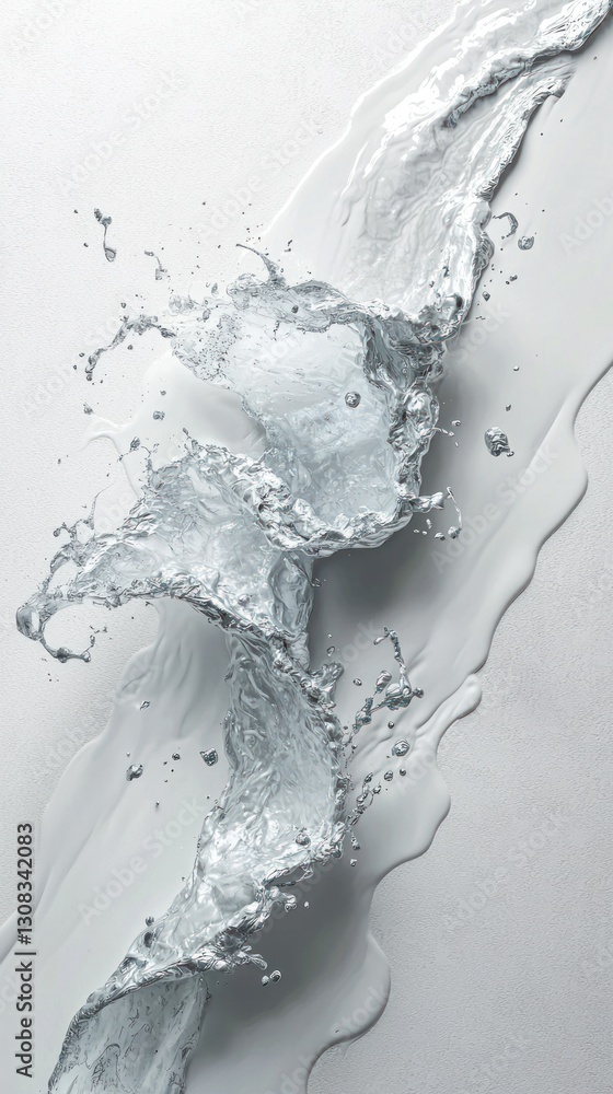 Poster cascading water splash against a neutral backdrop creating abstract patterns
