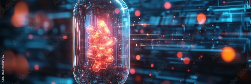 Leinwandbilder futuristic transparent pill bottle with glowing capsules in a high tech cyberpunk setting for modern