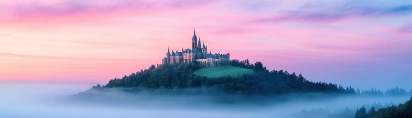Obraz premium A majestic castle sits atop a hill, surrounded by mist and illuminated by a soft, colorful sunrise.
