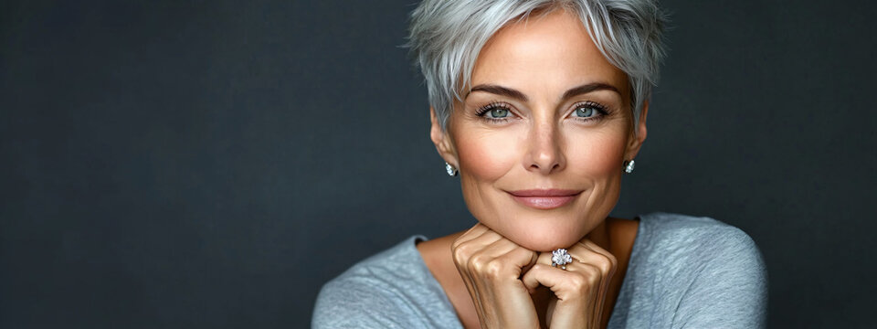 A serene portrait of a mature woman with silver hair, ideal for promoting wellness, beauty, or grace in campaigns targeting older demographics and self-care brands.