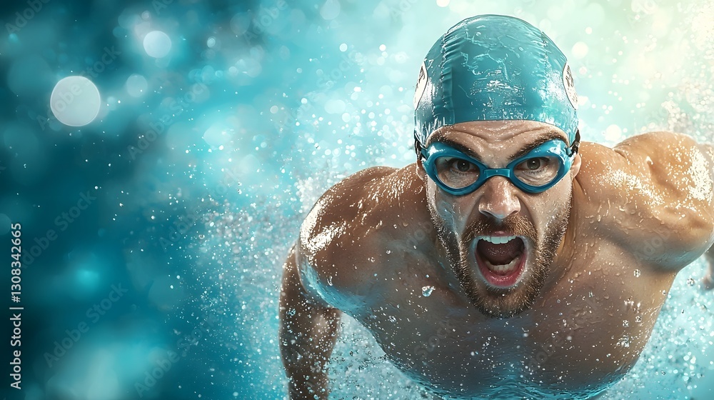 Poster competitive swimmer diving into a swimming pool creating a splash of water around them showcasing th