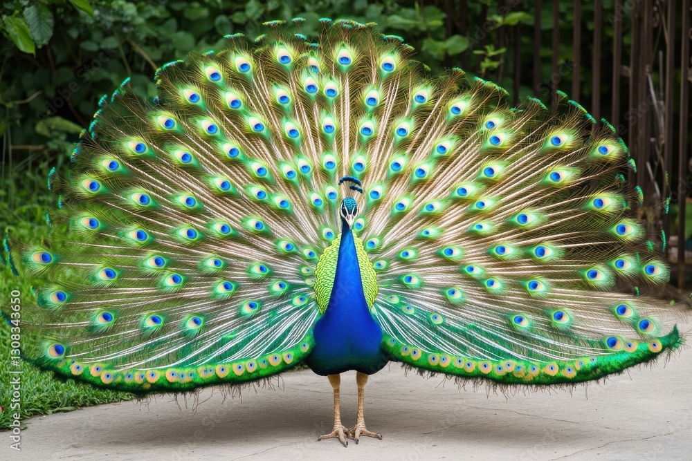 Poster a vibrant peacock displays its colorful feathers, showcasing intricate patterns and hues in a lush g