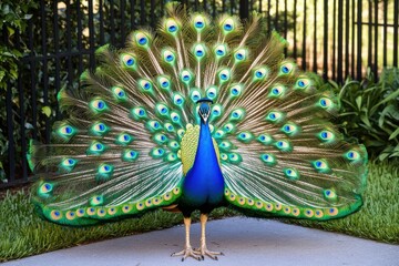 Obraz premium A vibrant peacock displaying its stunning, colorful feathers in a lush garden setting.