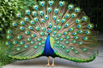 Obraz premium A vibrant peacock displays its colorful plumage, showcasing striking blue and green feathers in a stunning fan shape.