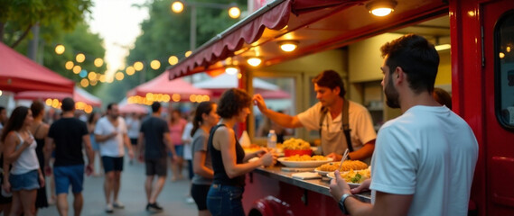 A vibrant food truck serving customers at a lively street festival.  Depth of field, warm lighting, a festive atmosphere, a high-energy mood.  Photorealistic style, professional quality.  Include dive