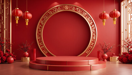 A Vibrant Celebration Of Lunar New Year, Rich Red Tones And Gold Accents Create A Festive Stage For Prosperity And Good Fortune, With Elegant Lanterns And Blooming Branches Isolated on Transparent Bac