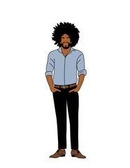Black man with a beard and afro hair stands in front of a white background. He is wearing a blue shirt and black pants