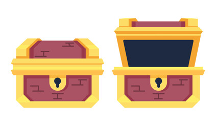 Open and close simple and clean mystery wooden chest. Treasure on isolated white background. Random a secret loot box concept. Vector illustration cartoon flat design.