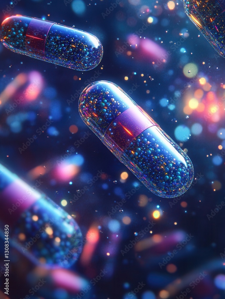 Aufkleber floating capsules dissolve into molecular structures with dreamy lighting in a detailed abstract art