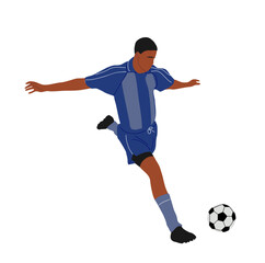 Black Soccer player, sports man football player with ball in action. African american Male Cartoon character isolated vector illustration on transparent background. Guy playing sport game. 